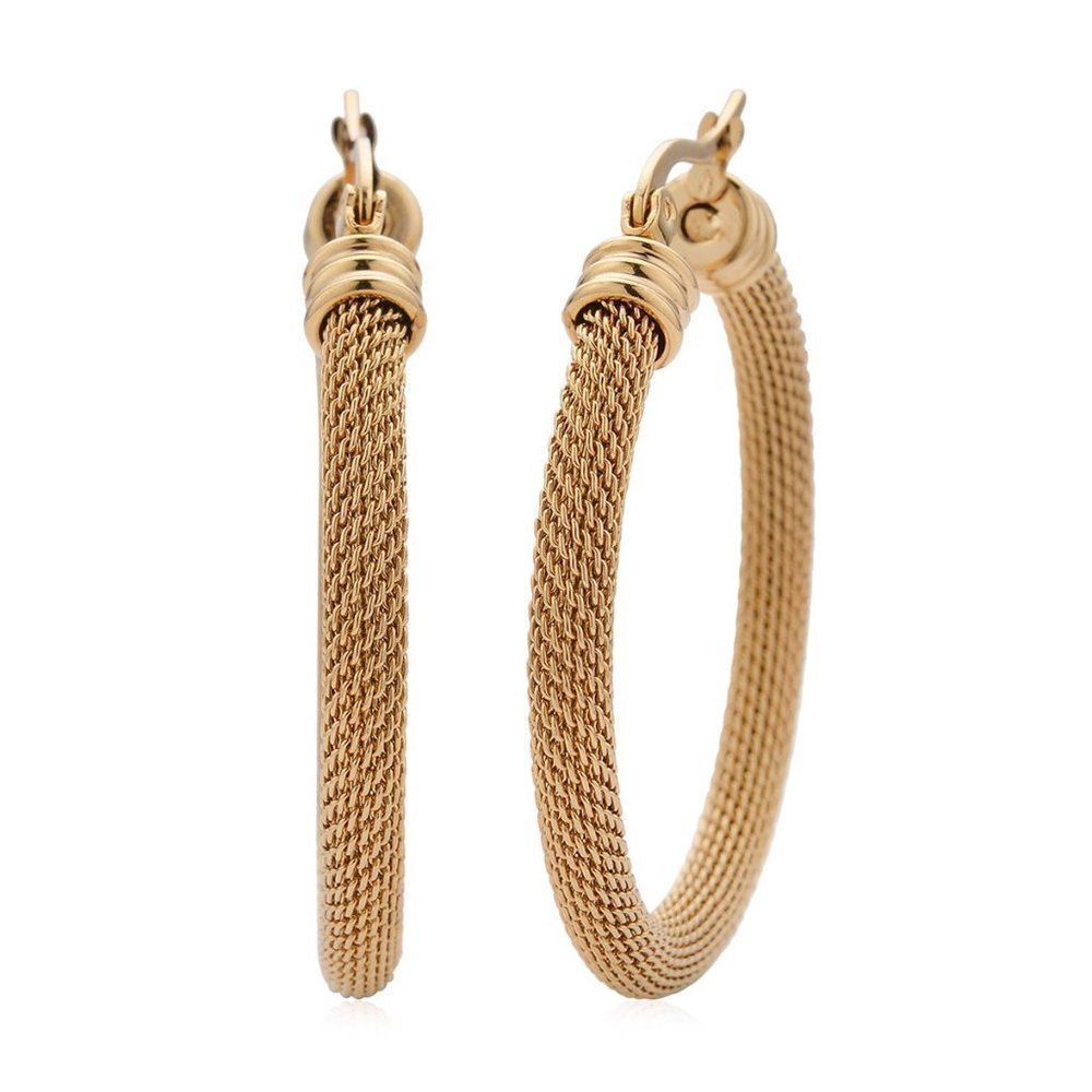 Mesh Chain Pattern Textured Hoop Earrings in ION Plated YG Stainless Steel